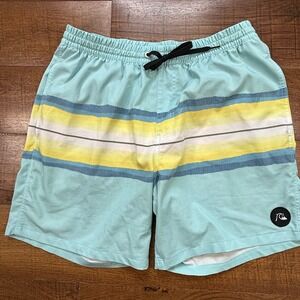 Quiksilver Swim Trunks Men XL Blue Striped Elastic Waist Board Shorts Stretch